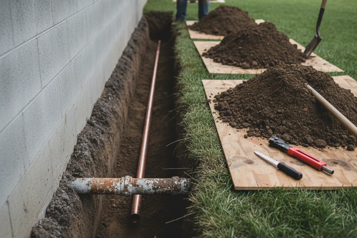 Excavated water line trench during Sewer Line Repair in Glenham